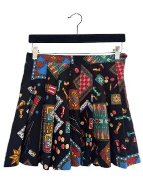 Vintage Head Pleated Mini Skirt High Rise Novelty Print Chess Dominoes